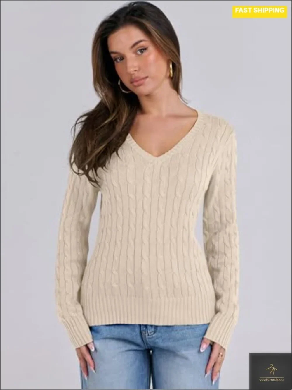 Women's Cable Knit V Neck Fitted Sweater Long Sleeve Pullover Top Soft Cozy